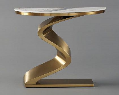 HMR Modern 39.4" Curved Console Table with Sintered Stone Top Half Moon Shape - White & Gold