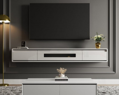 HMR Smooth TV Stand Postmodern Minimalist Floating Media Console with Storage - White, 59"W x 9.4"D x 8.3"H