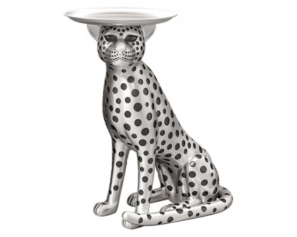 HMR Panther Figurine Resin Art Deco Side Table with Tray Top - Silver