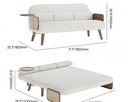 HMR Velvet & Rattan Sleeper Sofa with Tray - White, Queen Size