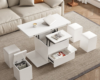 HMR 39" Lift-Top Foldable Coffee Table with 4 Stools & Storage - White