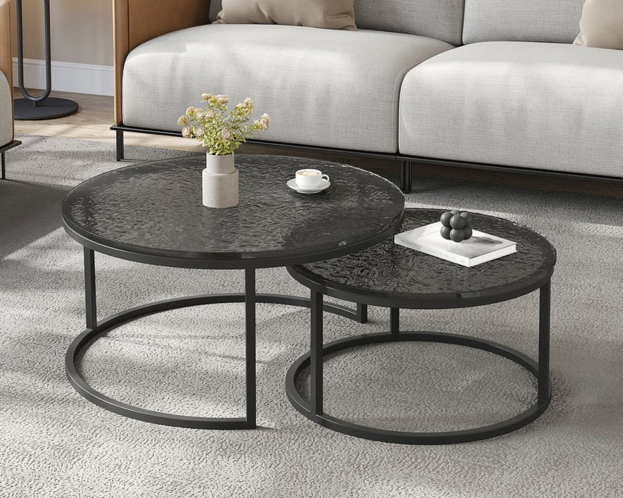 HMR Fero Round Nesting Coffee Table Set (24"-32") - Gray/Black, Glass