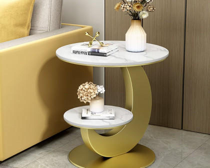 HMR 20" Round Sintered Stone 2-Tier Moon-Shaped Side Table