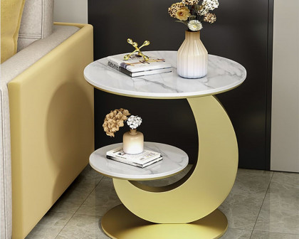 HMR 20" Round Sintered Stone 2-Tier Moon-Shaped Side Table - White & Gold