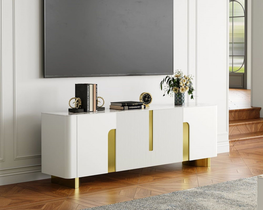 HMR Artus Modern TV Stand Stone Top 4 Doors with Storage Media Console - Beige, 80"W x 18"D x 26.5"H