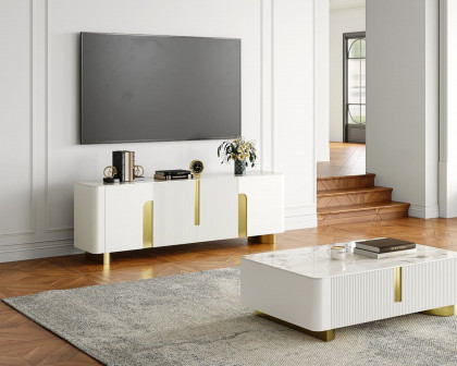 HMR Artus Modern TV Stand Stone Top 4 Doors with Storage Media Console - Beige, 80"W x 18"D x 26.5"H