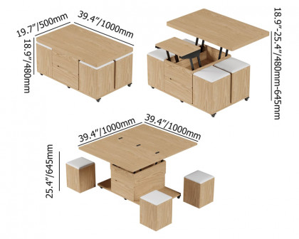 HMR 39" Lift-Top Foldable Coffee Table with 4 Stools & Storage - Natural