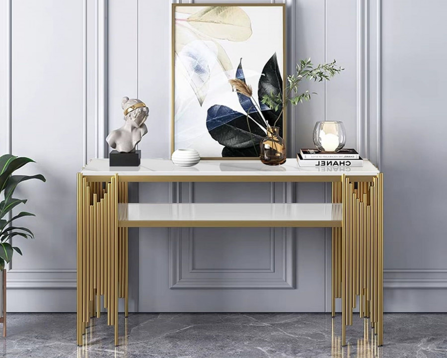 HMR 47.2" Modern Faux Marble Narrow Console Table with Storage Shelf and 4 Gold Legs - White & Gold