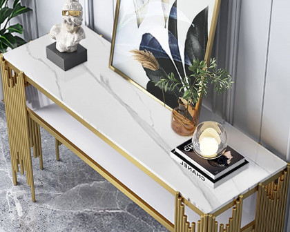 HMR 47.2" Modern Faux Marble Narrow Console Table with Storage Shelf and 4 Gold Legs - White & Gold