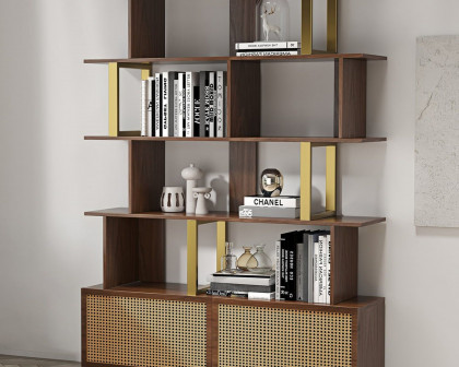 HMR 5-Tier Wood Bookshelf with 2 Doors Modern Bookcase in Gold Finish