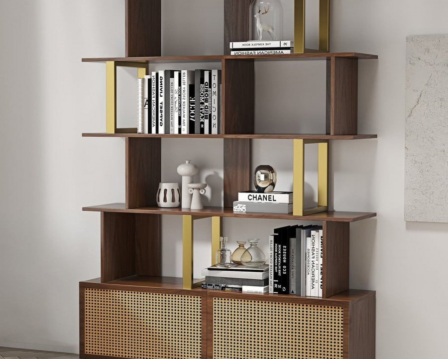 HMR 5-Tier Wood Bookshelf with 2 Doors Modern Bookcase in Gold Finish - Walnut