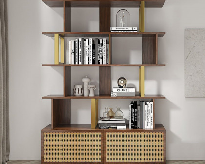 HMR 5-Tier Wood Bookshelf with 2 Doors Modern Bookcase in Gold Finish - Walnut