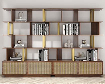 HMR 5-Tier Wood Bookshelf with 2 Doors Modern Bookcase in Gold Finish - Walnut