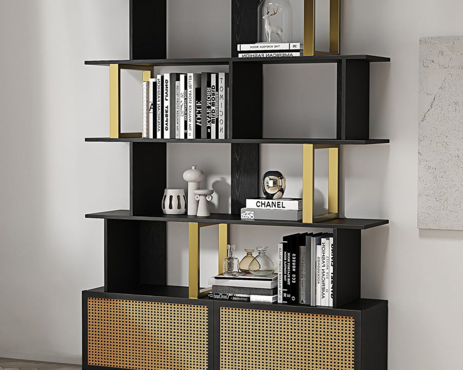 HMR 5-Tier Wood Bookshelf with 2 Doors Modern Bookcase in Gold Finish - Black