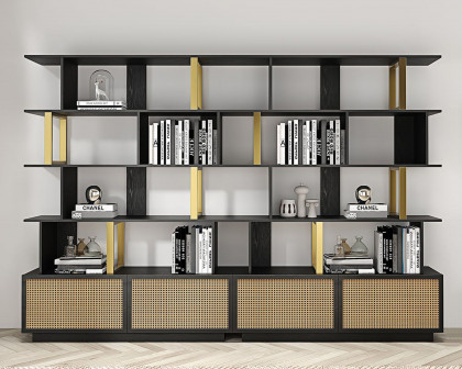 HMR 5-Tier Wood Bookshelf with 2 Doors Modern Bookcase in Gold Finish - Black