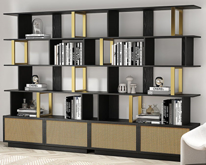 HMR 5-Tier Wood Bookshelf with 2 Doors Modern Bookcase in Gold Finish - Black