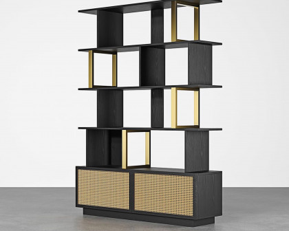 HMR 5-Tier Wood Bookshelf with 2 Doors Modern Bookcase in Gold Finish - Black