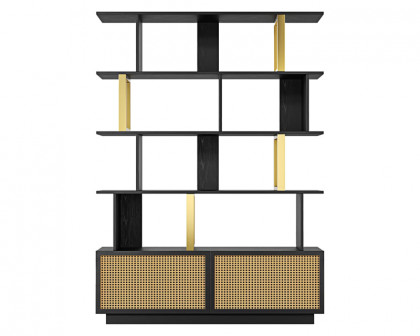 HMR 5-Tier Wood Bookshelf with 2 Doors Modern Bookcase in Gold Finish - Black