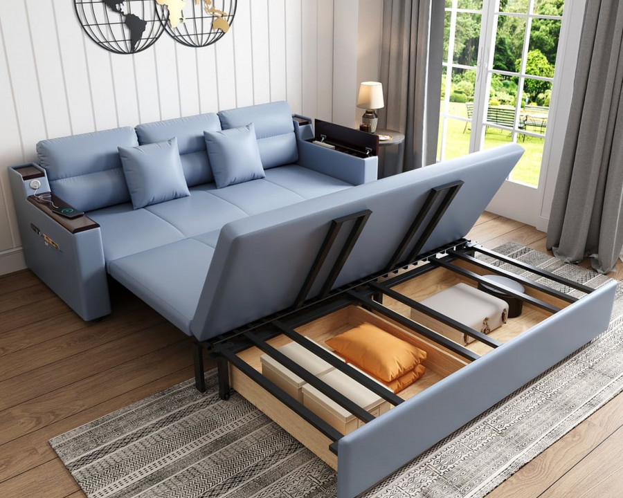 HMR 83" King 3-Seater Sleeper Sofa with Trundle & USB Port - Blue, Leath-Aire