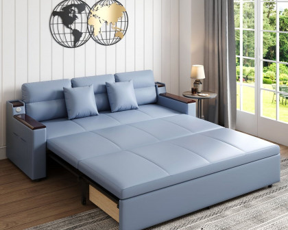 HMR 83" King 3-Seater Sleeper Sofa with Trundle & USB Port - Blue, Leath-Aire