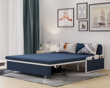 HMR Modern 2-Seater Linen Sleeper Sofa with Trundle - Blue, Queen Size