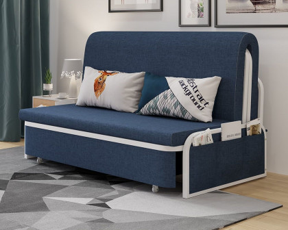 HMR Modern 2-Seater Linen Sleeper Sofa with Trundle - Blue, Queen Size