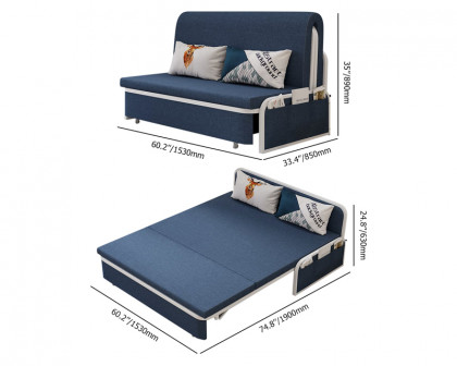 HMR Modern 2-Seater Linen Sleeper Sofa with Trundle - Blue, Queen Size