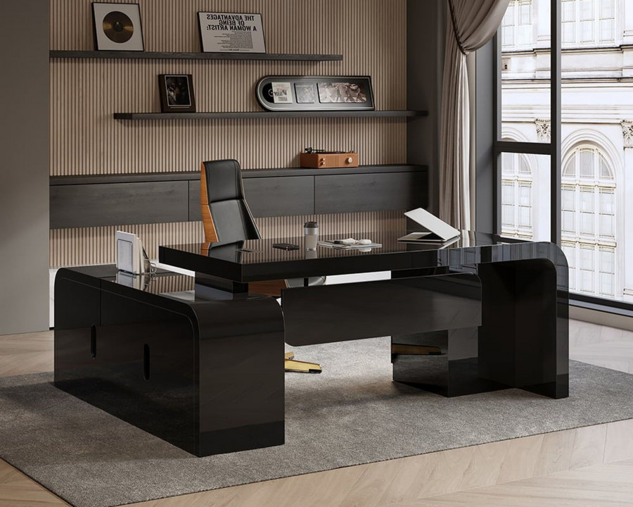 HMR Chicent L-shaped Modern Executive Desk with Ample Storage - Black, 70.9"L x 63.0"W x 29.9"H, Right Hand