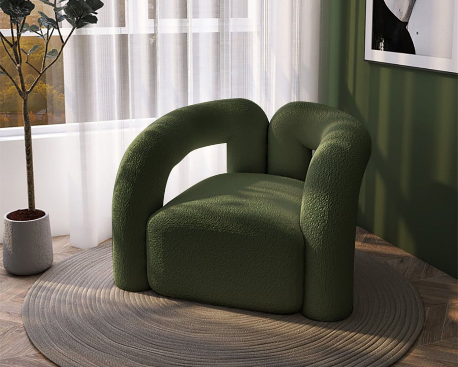 HMR Japandi Boucle Accent Chair Shaggy Armchair for Living Room - Dark Green