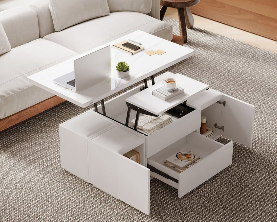 HMR Modern Lift Top Coffee Table with Drawers & Storage - Sintered Stone