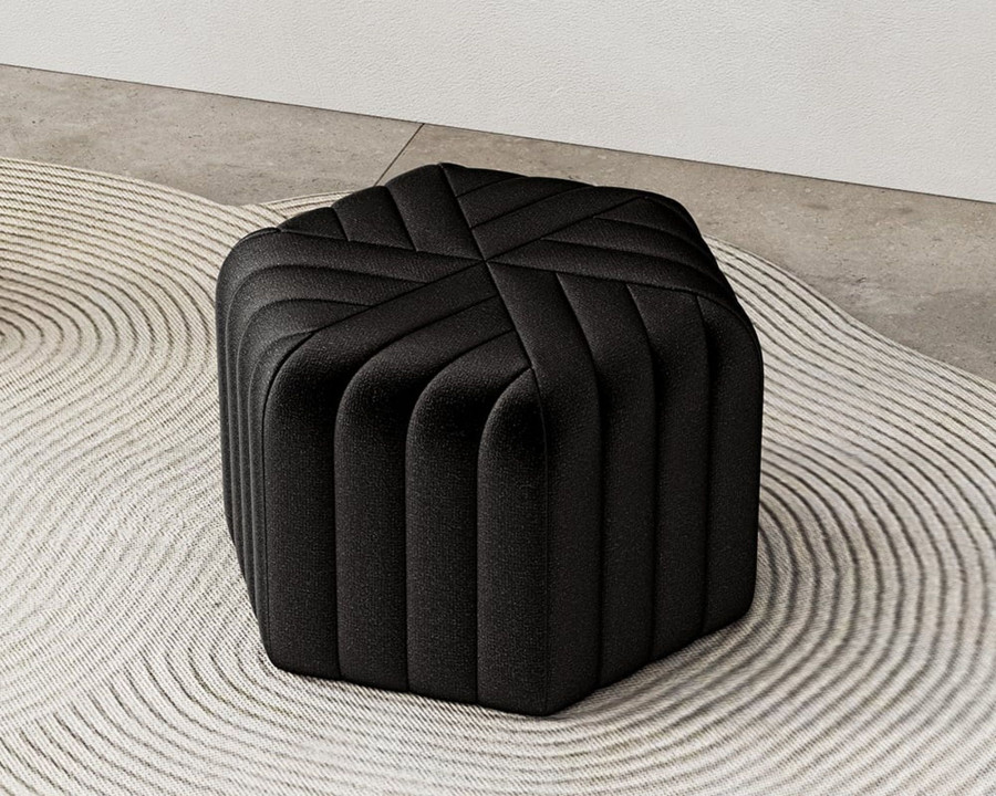 HMR Wide Hexagonal Pouf Ottoman - Black, Velvet