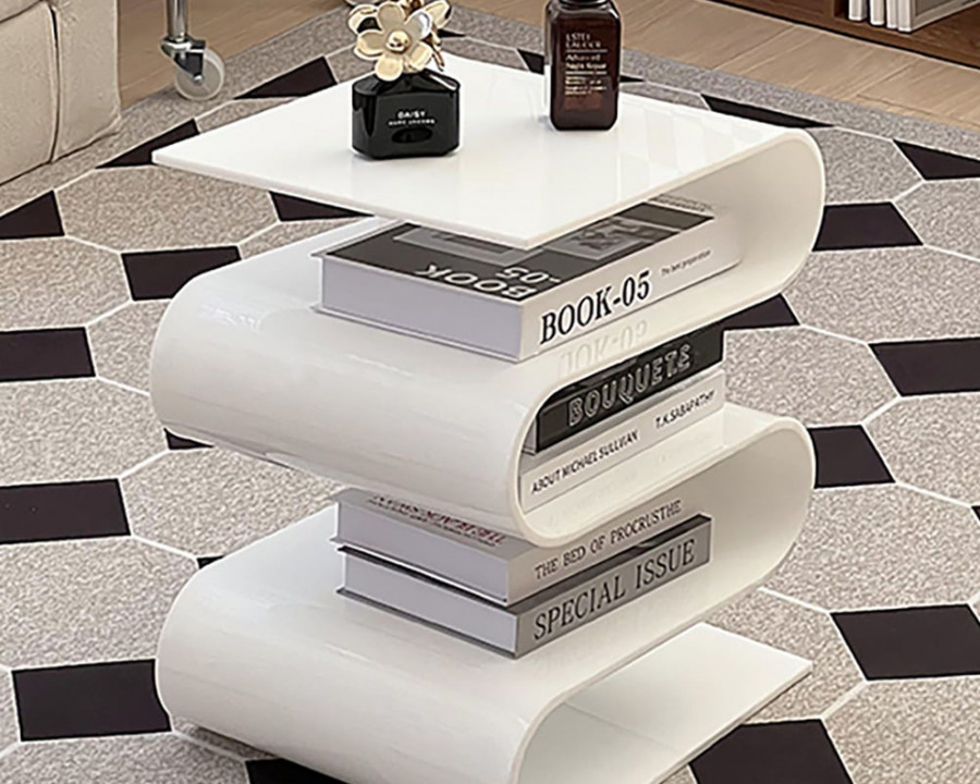 HMR Acrylic End Table with Storage Wavy Shape Side Table - White