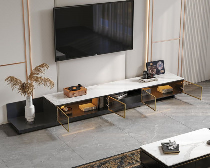 HMR 110.2" Modern Extendable TV Stand Glass Door Media Console with LED Light & Drawer - Black