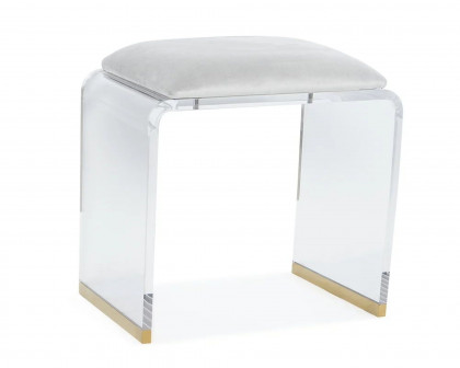 HMR Velvet Upholstered and Acrylic Frame Makeup Vanity Stool and Clear Ottoman - White, 12.6"W x 9.1"D x 12.2"H