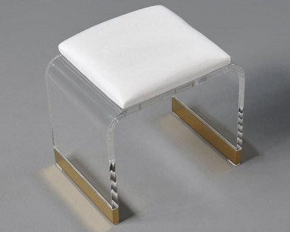 HMR Velvet Upholstered and Acrylic Frame Makeup Vanity Stool and Clear Ottoman - White, 12.6"W x 9.1"D x 12.2"H