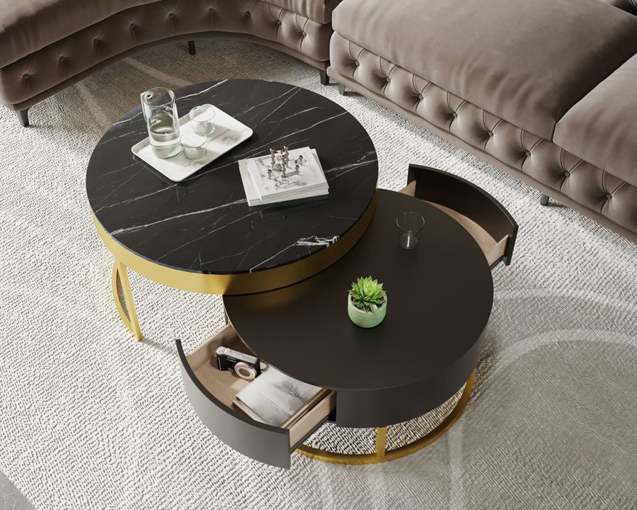 HMR Nesnesis Series Modern Round Nesting Coffee Table with Storage - Black