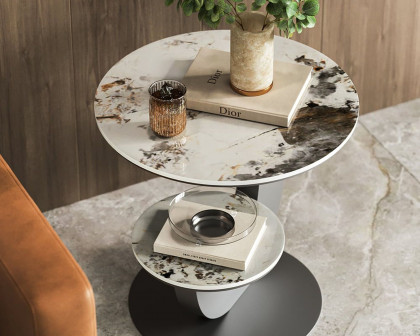 HMR 20" Round Sintered Stone 2-Tier Moon-Shaped Side Table