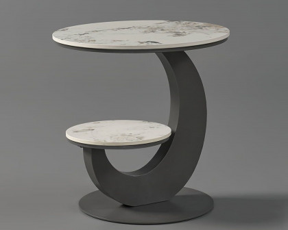 HMR 20" Round Sintered Stone 2-Tier Moon-Shaped Side Table - White & Gray