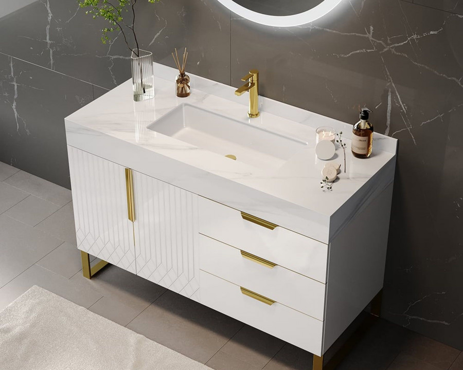 HMR Aro Freestanding Single Sink Bathroom Vanity Drawers Doors Faux Marble Top