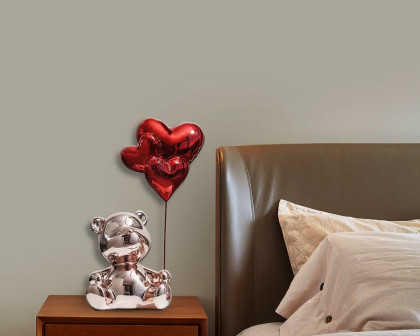 HMR Cute Pink Bear Statue Sculpture Ornament Decor with Red Heart Balloons - Red, 4.7"W x 3.9"D x 10.4"H