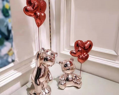 HMR Cute Pink Bear Statue Sculpture Ornament Decor with Red Heart Balloons - Red, 4.7"W x 3.9"D x 10.4"H