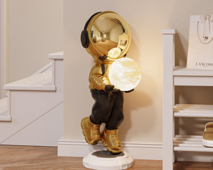 HMR 28.8" Astronaut Floor Sculpture Figurine Ornament Art Decor with Ball Lamp USB Charging - Gold & Black