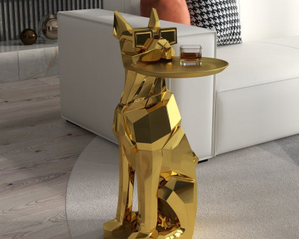 HMR Dog Sculpture Resin Side Table with Tray Top & Tissue Box - Gold