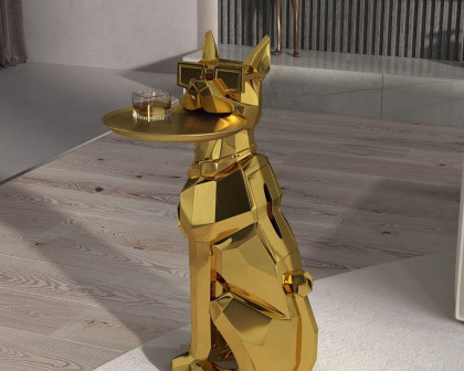 HMR Dog Sculpture Resin Side Table with Tray Top & Tissue Box - Gold