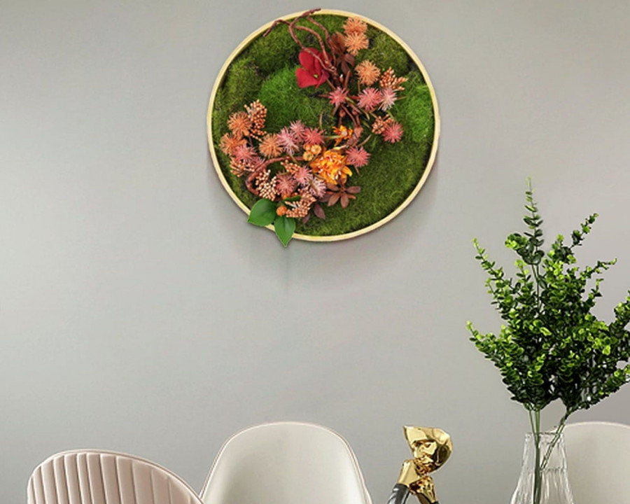 HMR 3D Round Preserved Moss Flower Wall Art Hanging Rainbow Floral Decor with Wood Frame – Multi-Color, Style B