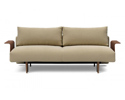 Innovation Living Frode Dark Styletto Sofa Bed Walnut Arms - 571 Vivus Dusty Sand