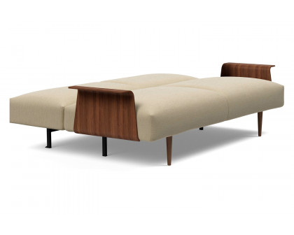 Innovation Living Frode Dark Styletto Sofa Bed Walnut Arms - 571 Vivus Dusty Sand