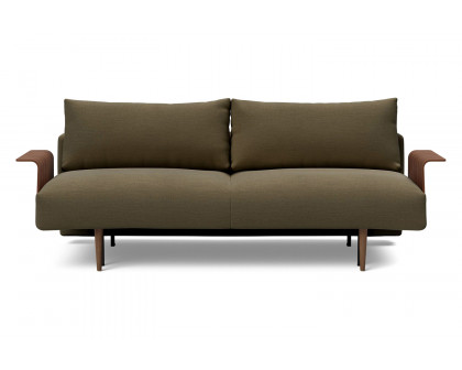 Innovation Living Frode Dark Styletto Sofa Bed Walnut Arms - 575 Vivus Dusty Olive