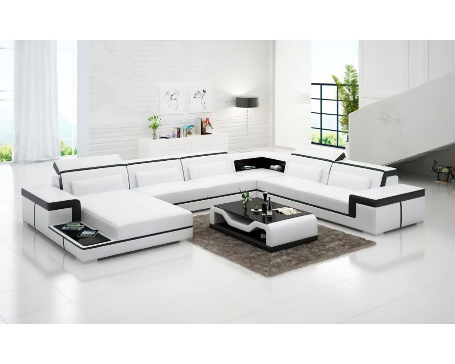 Jubilee Perrault Left Hand Facing Sectional with Adjustable Headrest - White/Black, Bonded Leather