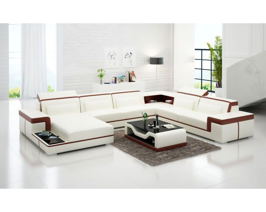 Jubilee Perrault Left Hand Facing Sectional with Adjustable Headrest - White/Brown, Bonded Leather